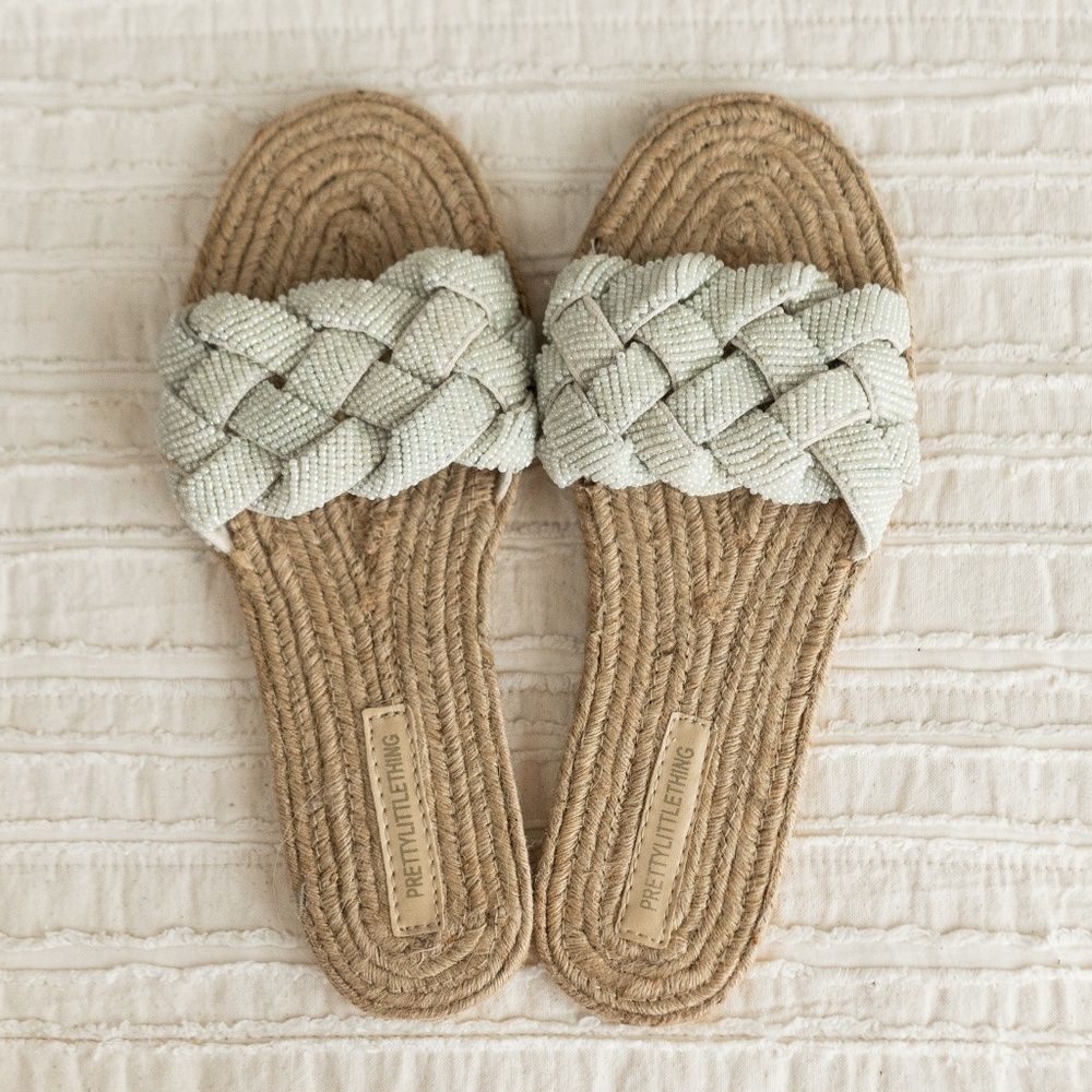 PrettyLittleThing Beaded Espadrille Braided Sandals in Cream and Tan